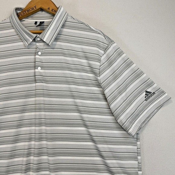ADIDAS Mens‎ XXL Short Sleeve Golf Snap Polo Shirt Gray White Stripe Performance - Picture 1 of 10